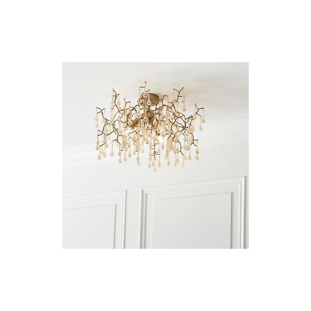Tuxford Three Light Branch Semi Flush in Aged Gold with Champagne Lustre Glass Droplets