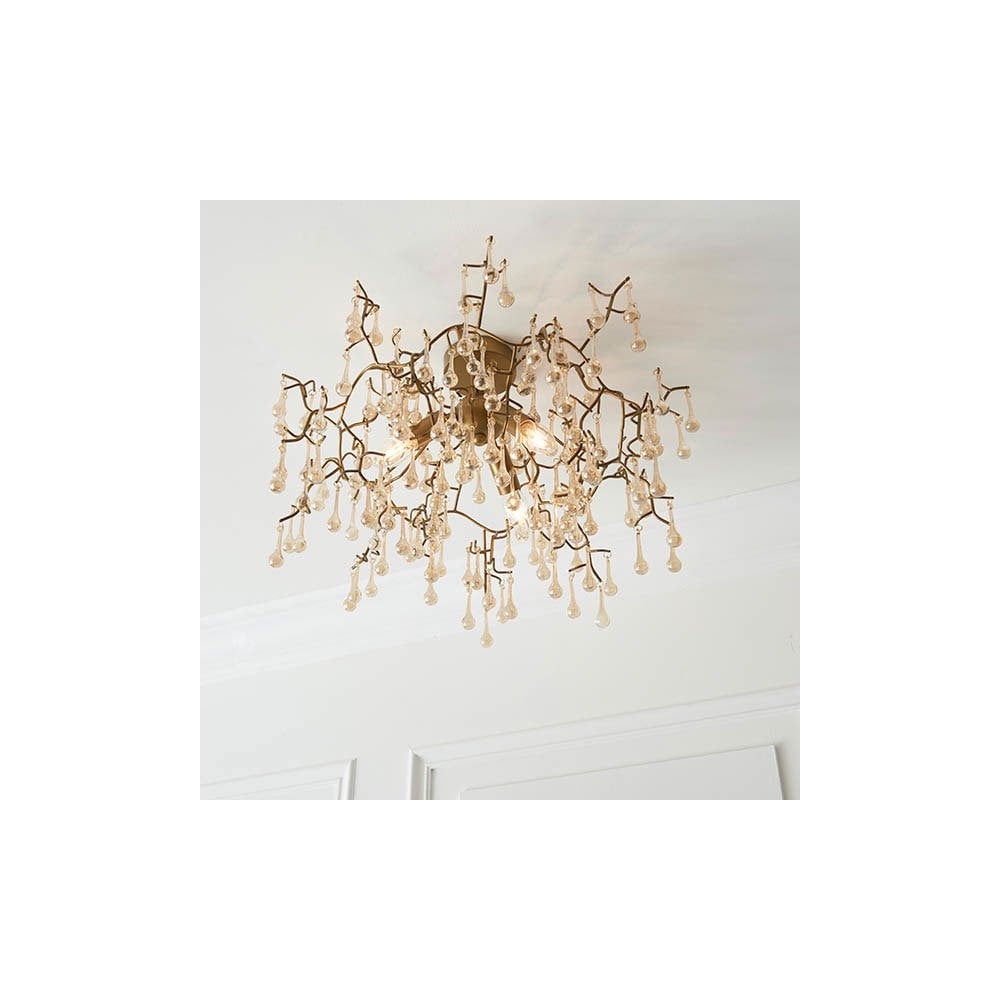 Tuxford Three Light Branch Semi Flush in Aged Gold with Champagne Lustre Glass Droplets