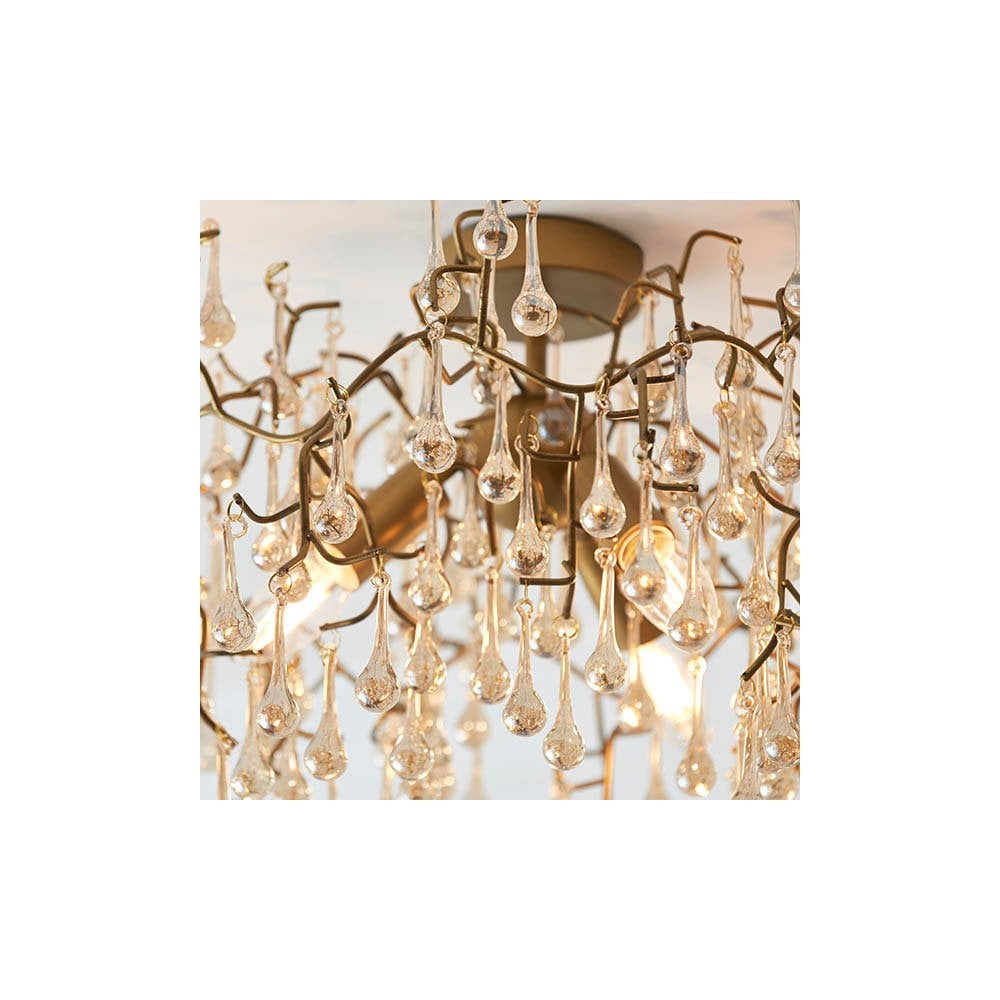 Tuxford Three Light Branch Semi Flush in Aged Gold with Champagne Lustre Glass Droplets