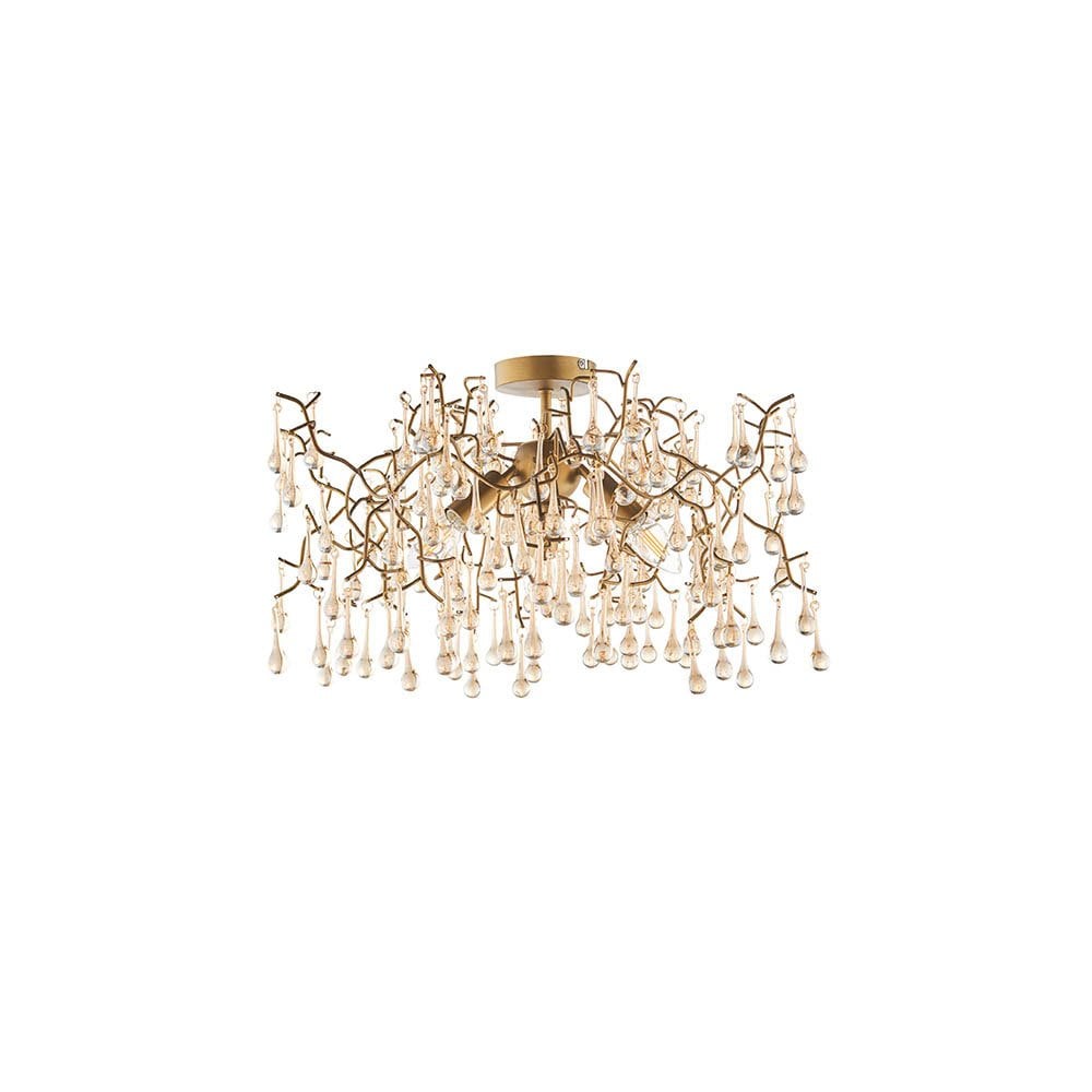 Tuxford Three Light Branch Semi Flush in Aged Gold with Champagne Lustre Glass Droplets