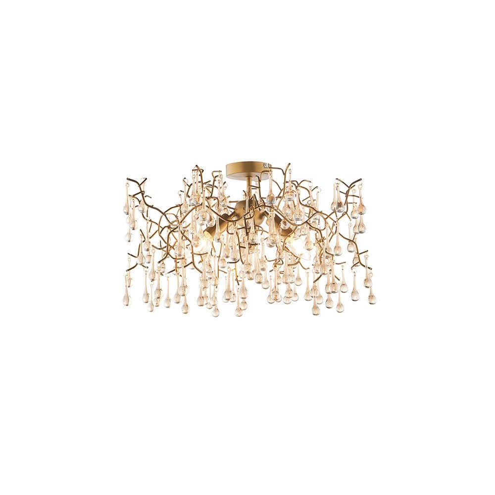 Tuxford Three Light Branch Semi Flush in Aged Gold with Champagne Lustre Glass Droplets