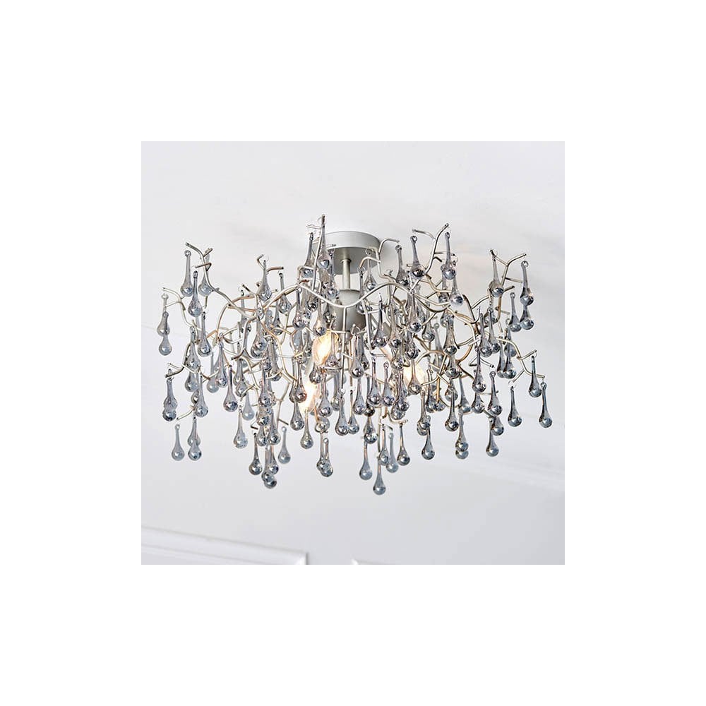Tuxford Three Light Branch Semi Flush in Aged Silver with Smokey Grey Tinted Glass Droplets