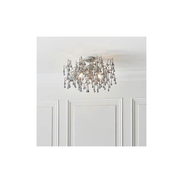 Tuxford Three Light Branch Semi Flush in Aged Silver with Smokey Grey Tinted Glass Droplets