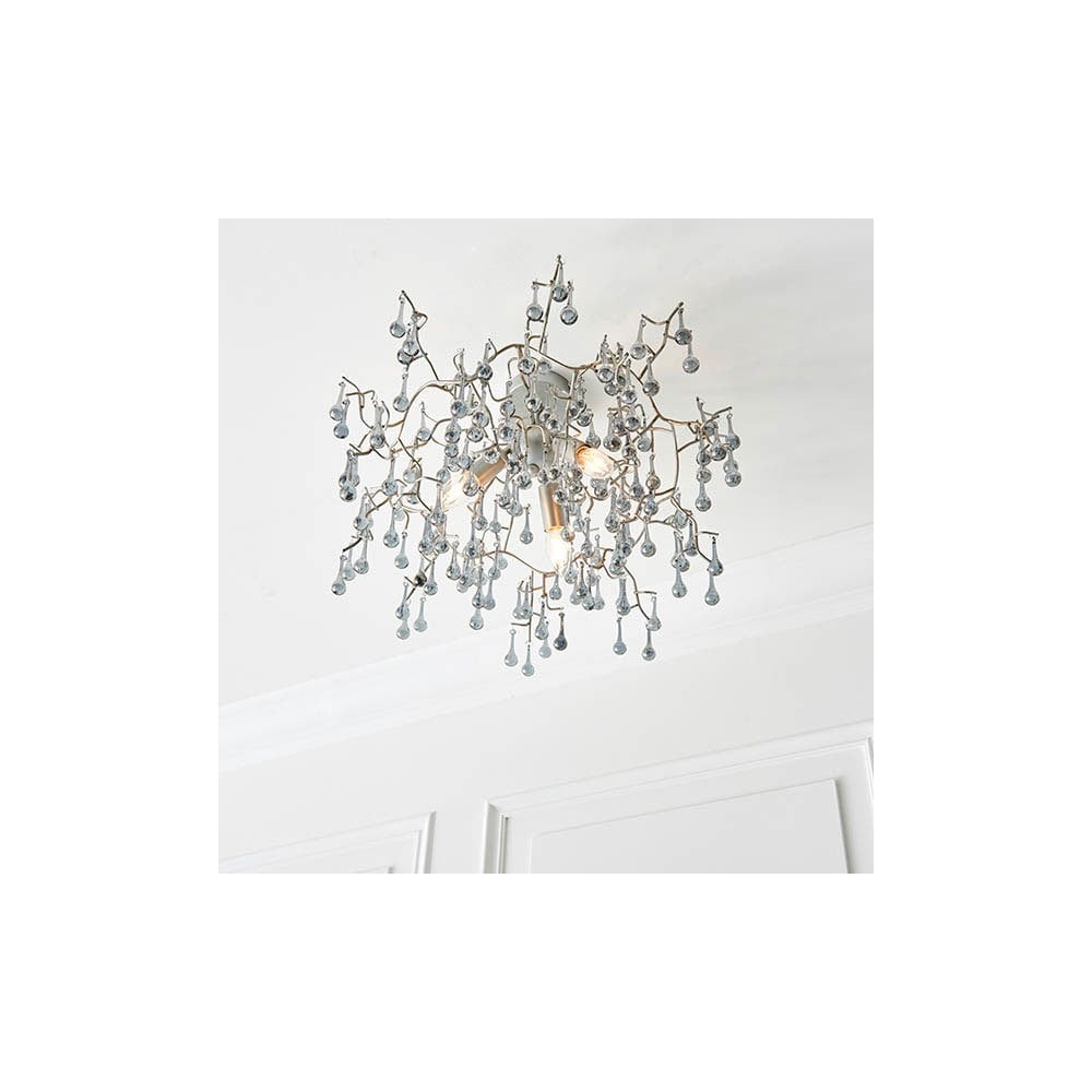 Tuxford Three Light Branch Semi Flush in Aged Silver with Smokey Grey Tinted Glass Droplets