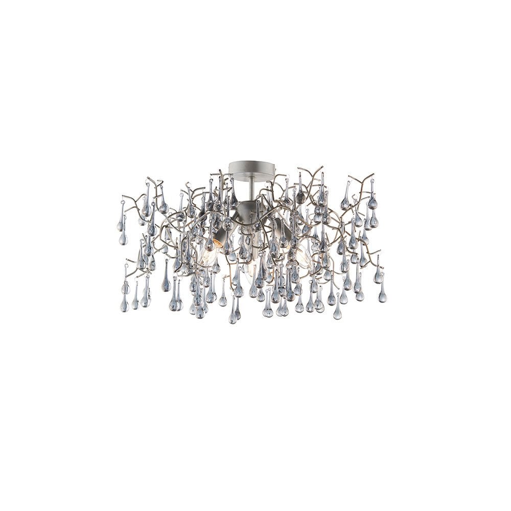 Tuxford Three Light Branch Semi Flush in Aged Silver with Smokey Grey Tinted Glass Droplets