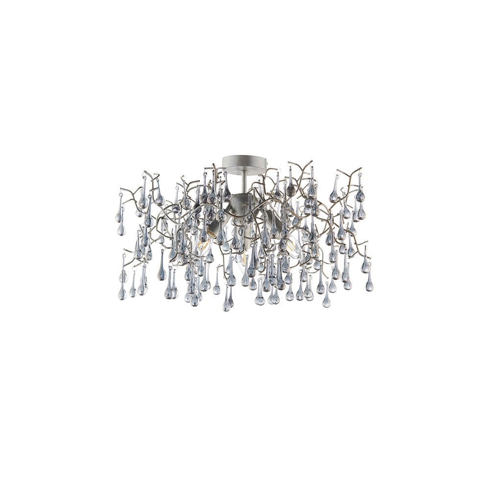 Tuxford Three Light Branch Semi Flush in Aged Silver with Smokey Grey Tinted Glass Droplets