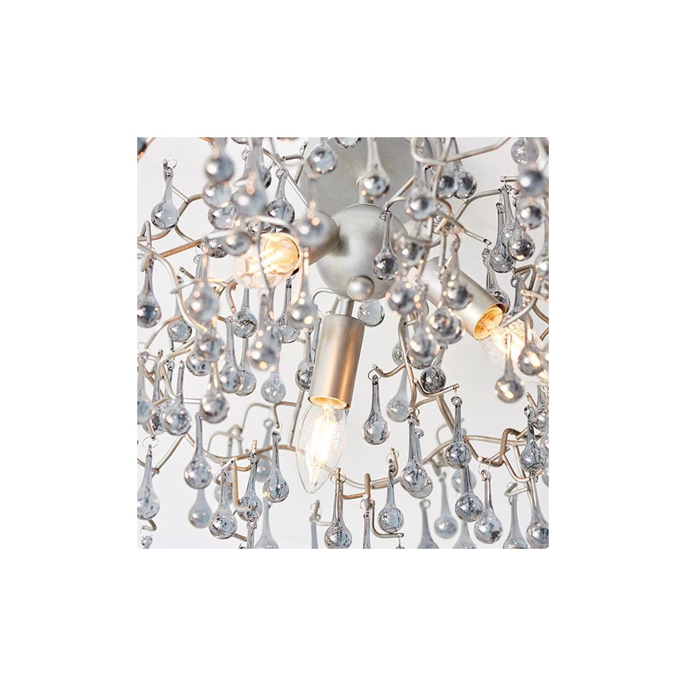 Tuxford Three Light Branch Semi Flush in Aged Silver with Smokey Grey Tinted Glass Droplets
