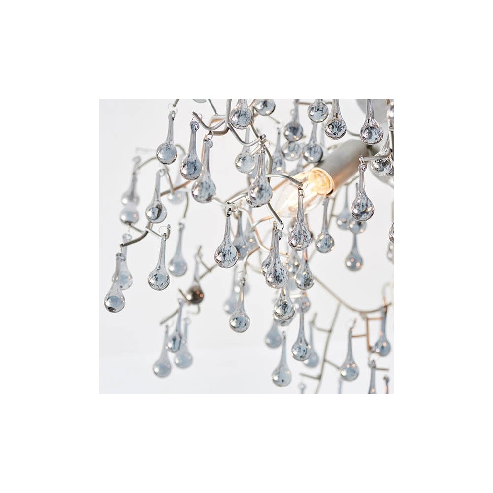 Tuxford Three Light Branch Semi Flush in Aged Silver with Smokey Grey Tinted Glass Droplets