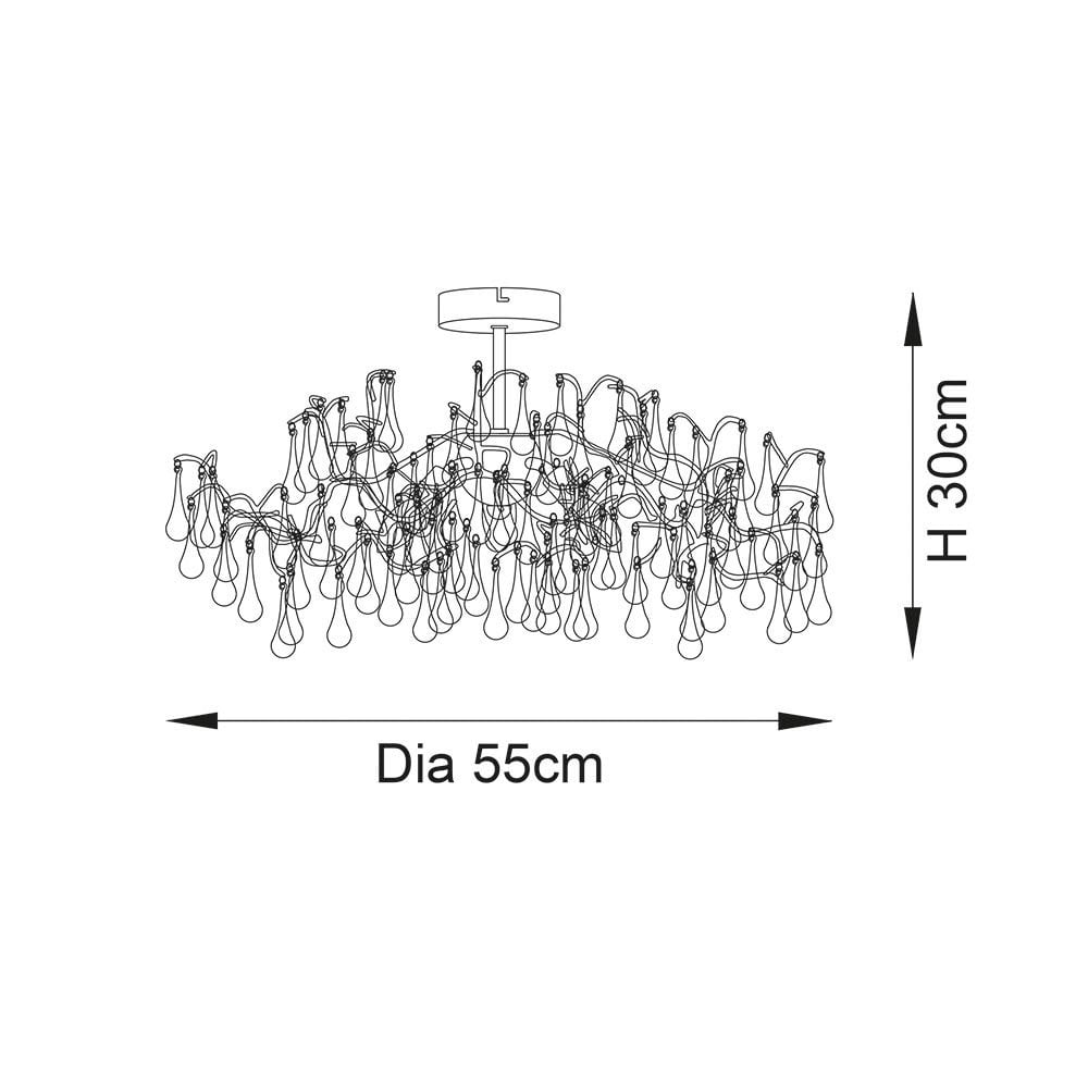 Tuxford Three Light Branch Semi Flush in Aged Silver with Smokey Grey Tinted Glass Droplets