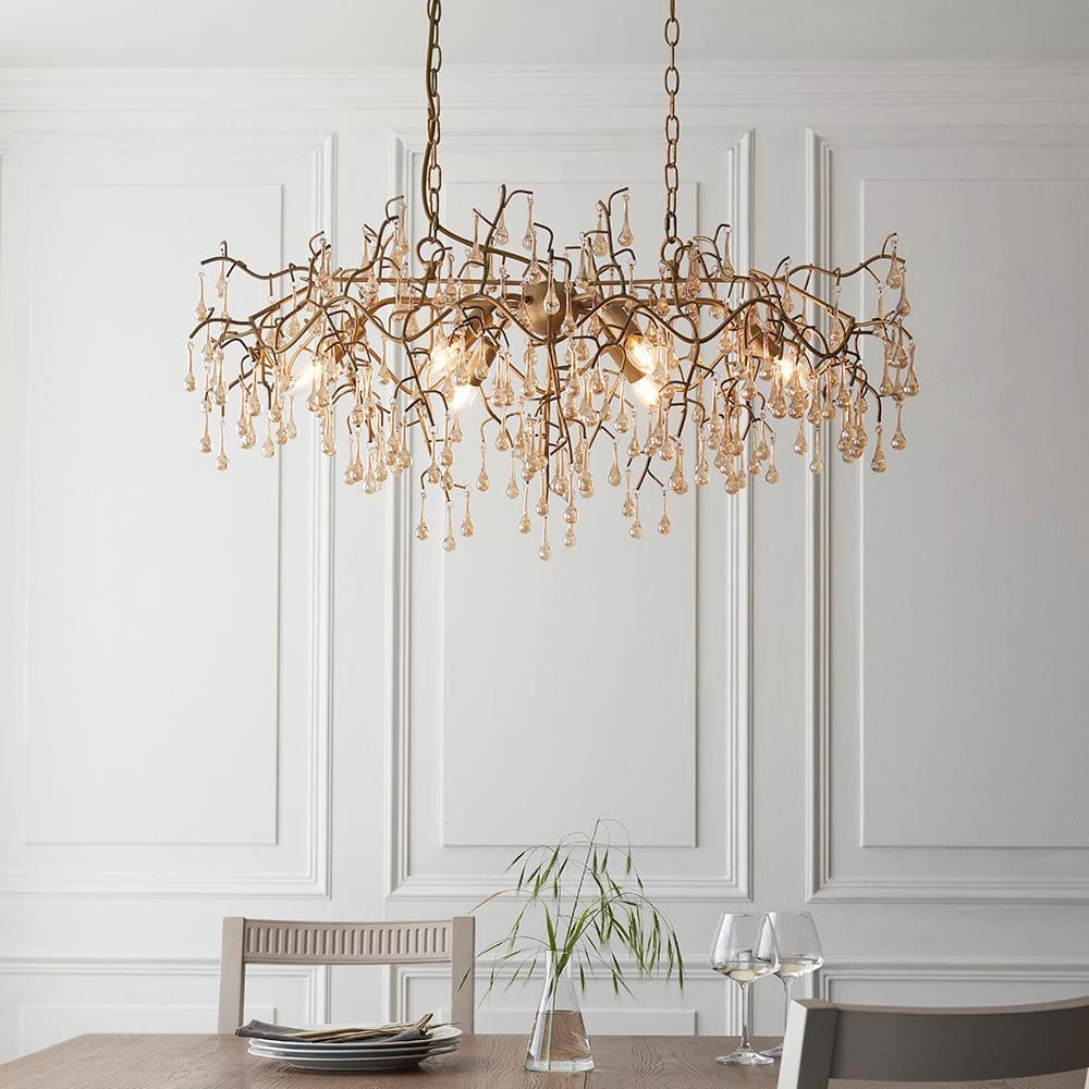 Tuxford Six Light Branch Linear Chandelier in Aged Gold with Champagne Lustre Glass Droplets