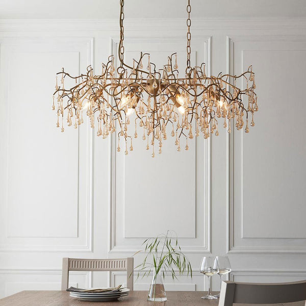 Tuxford Six Light Branch Linear Chandelier in Aged Gold with Champagne Lustre Glass Droplets