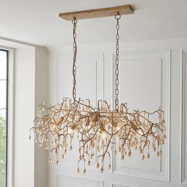 Tuxford Six Light Branch Linear Chandelier in Aged Gold with Champagne Lustre Glass Droplets