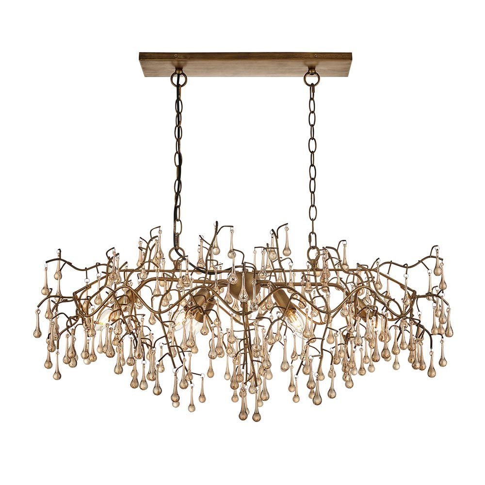 Tuxford Six Light Branch Linear Chandelier in Aged Gold with Champagne Lustre Glass Droplets