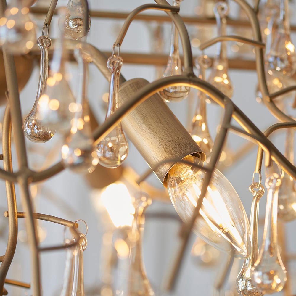 Tuxford Six Light Branch Linear Chandelier in Aged Gold with Champagne Lustre Glass Droplets