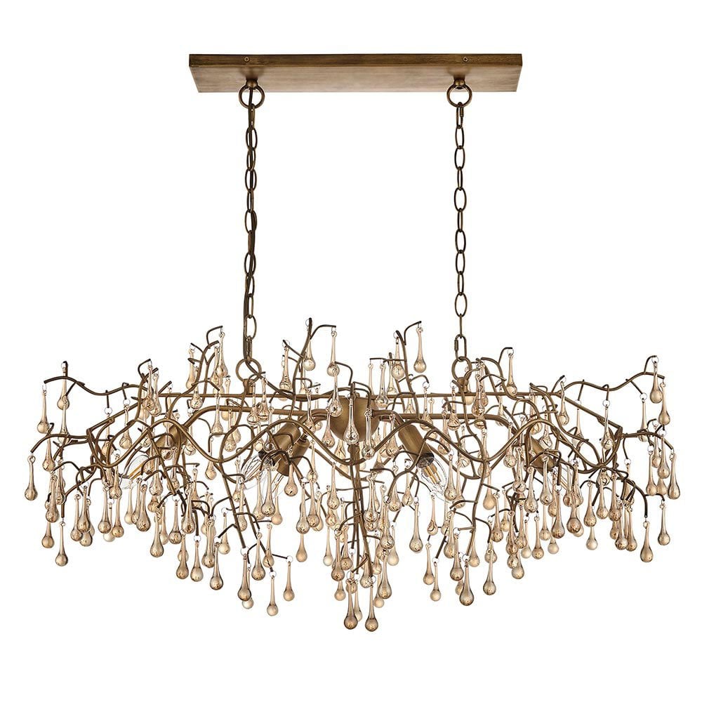 Tuxford Six Light Branch Linear Chandelier in Aged Gold with Champagne Lustre Glass Droplets