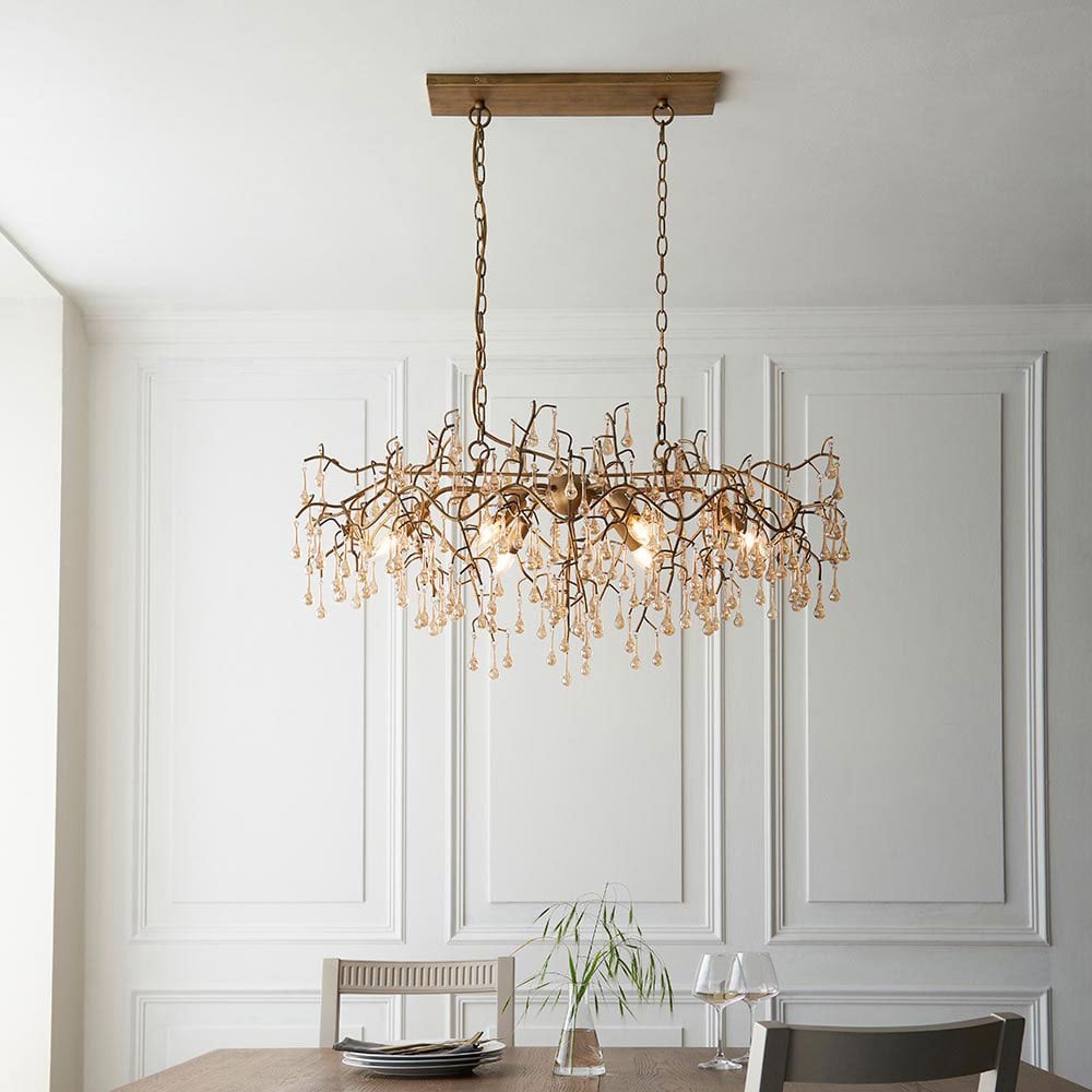 Tuxford Six Light Branch Linear Chandelier in Aged Gold with Champagne Lustre Glass Droplets