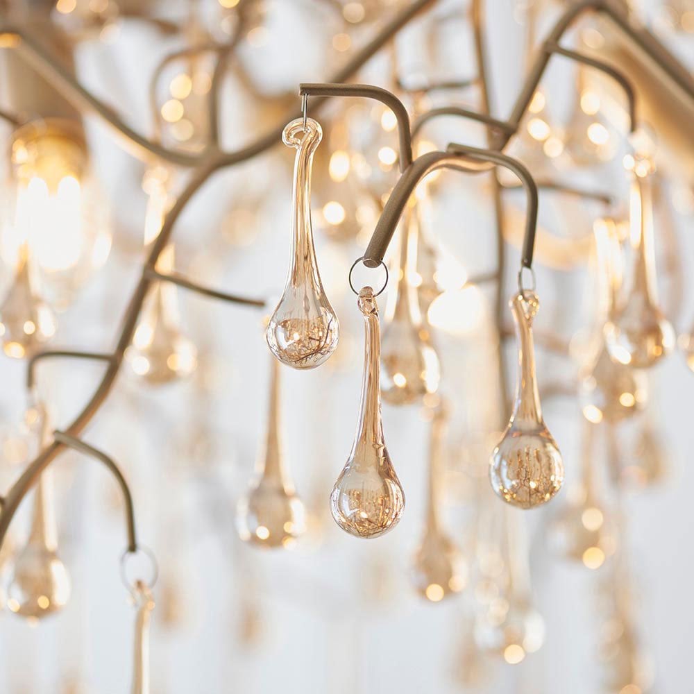 Tuxford Six Light Branch Linear Chandelier in Aged Gold with Champagne Lustre Glass Droplets