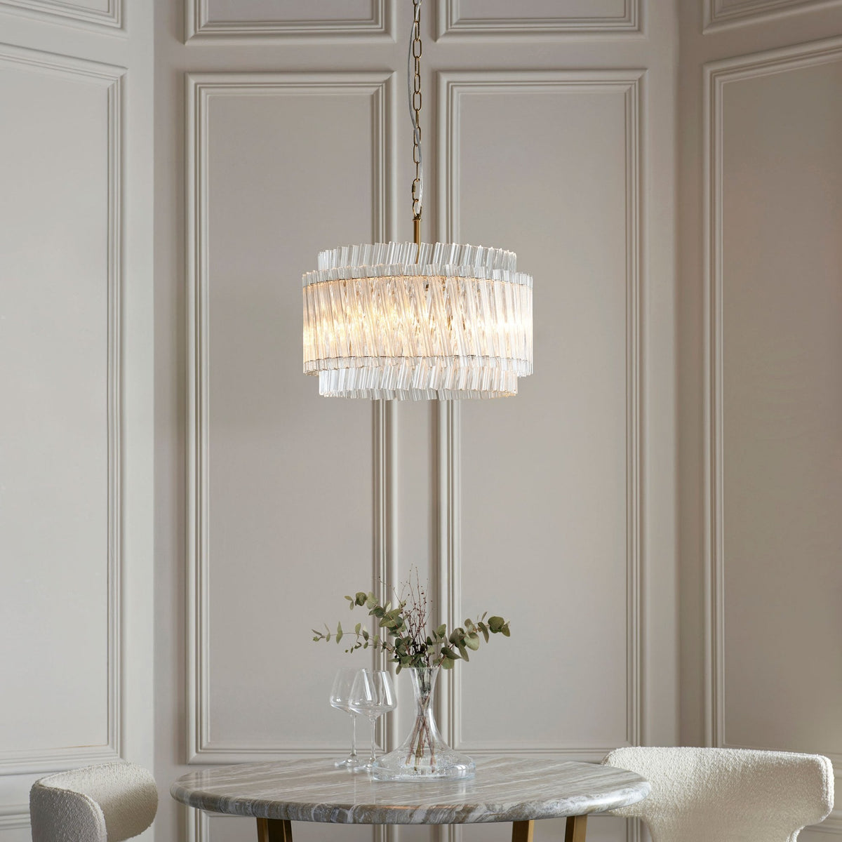 Caunton 3 Light Pendant in Brushed Aged Brass & Double Layered Clear Glass Rods