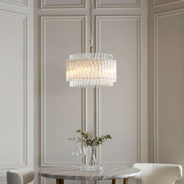 Caunton 3 Light Pendant in Brushed Aged Brass & Double Layered Clear Glass Rods