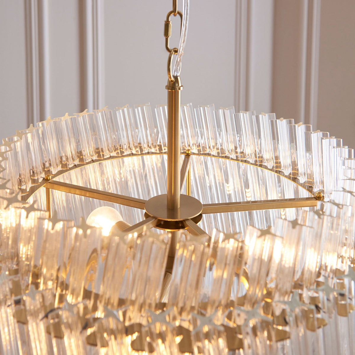 Caunton 3 Light Pendant in Brushed Aged Brass & Double Layered Clear Glass Rods