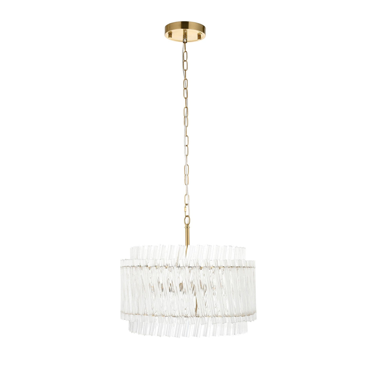 Caunton 3 Light Pendant in Brushed Aged Brass & Double Layered Clear Glass Rods