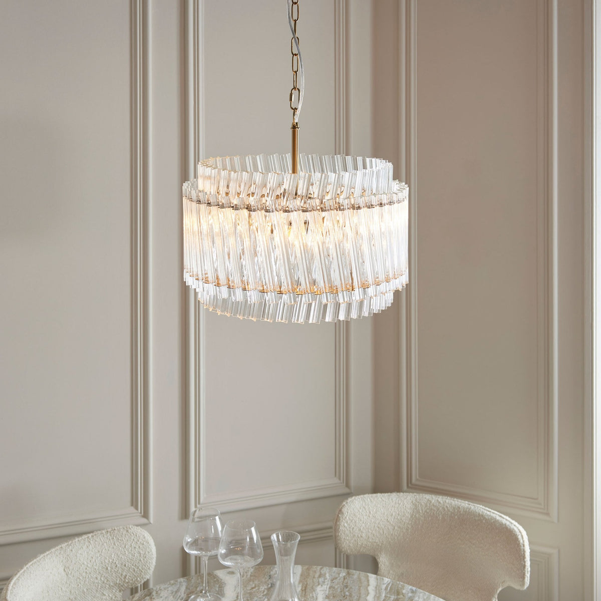 Caunton 3 Light Pendant in Brushed Aged Brass & Double Layered Clear Glass Rods
