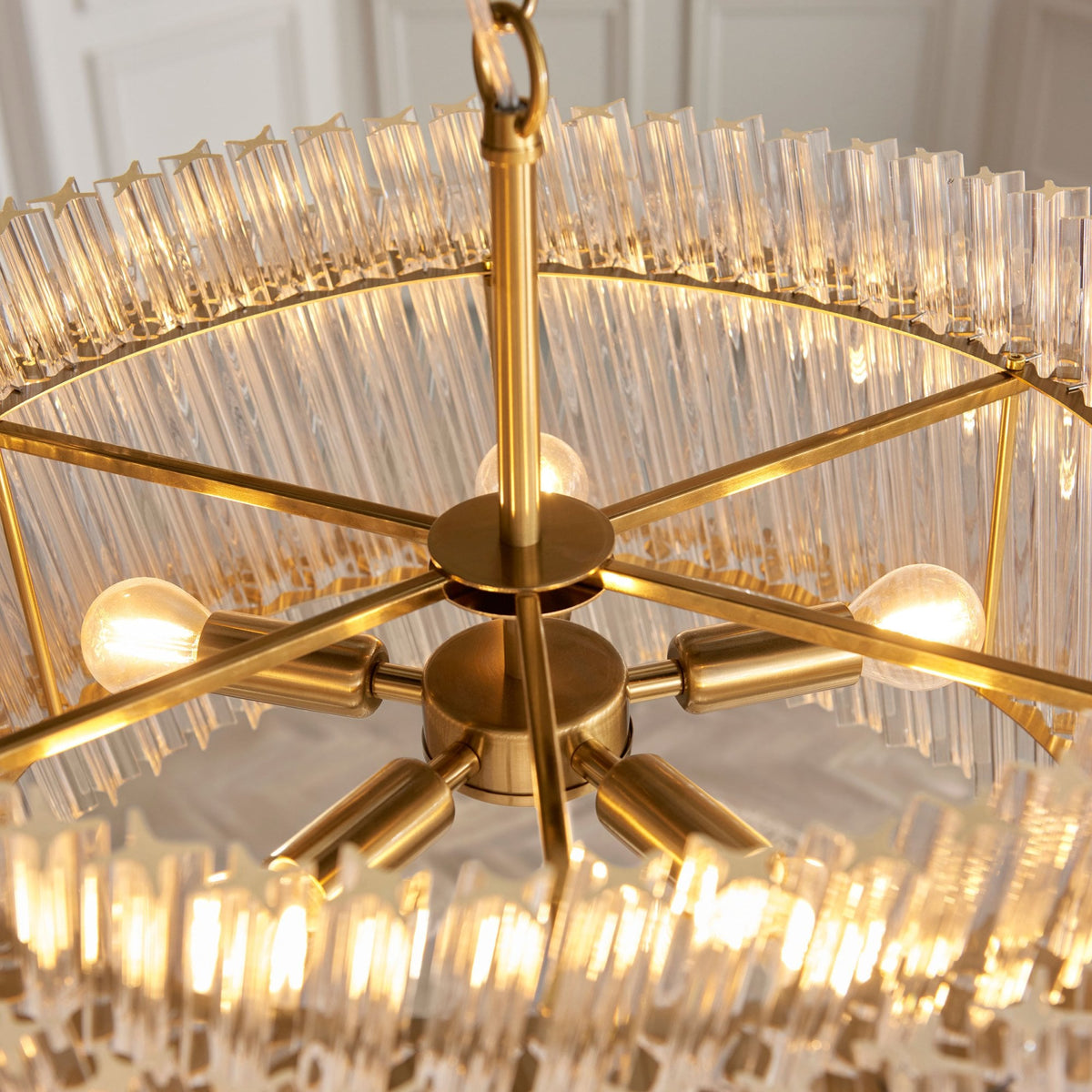 Caunton 5 Light Pendant in Brushed Aged Brass & Double Layered Clear Glass Rods