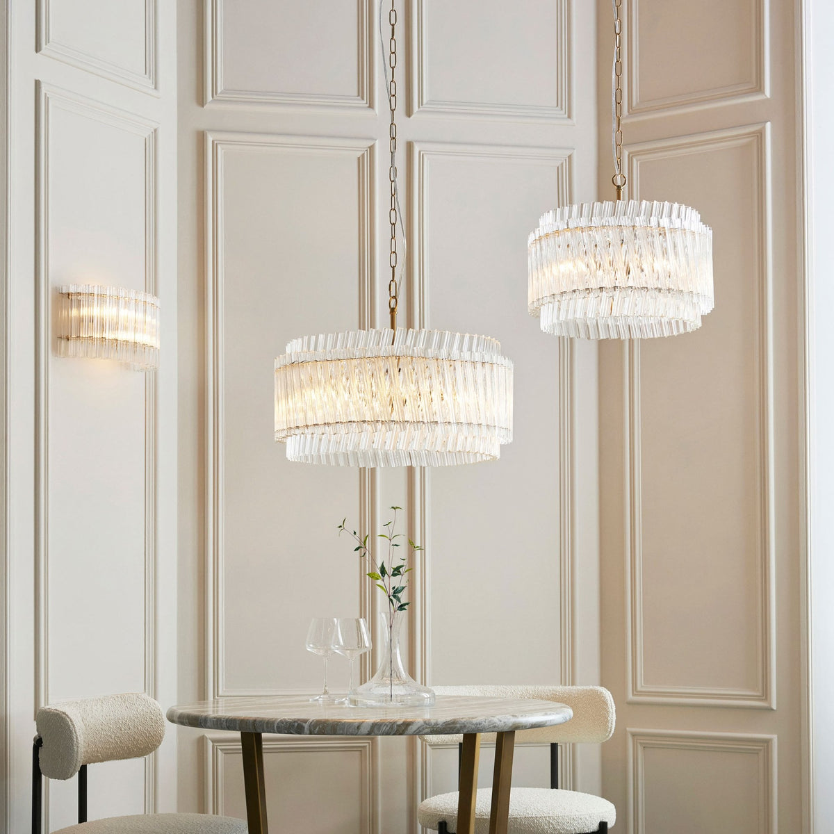 Caunton 5 Light Pendant in Brushed Aged Brass & Double Layered Clear Glass Rods