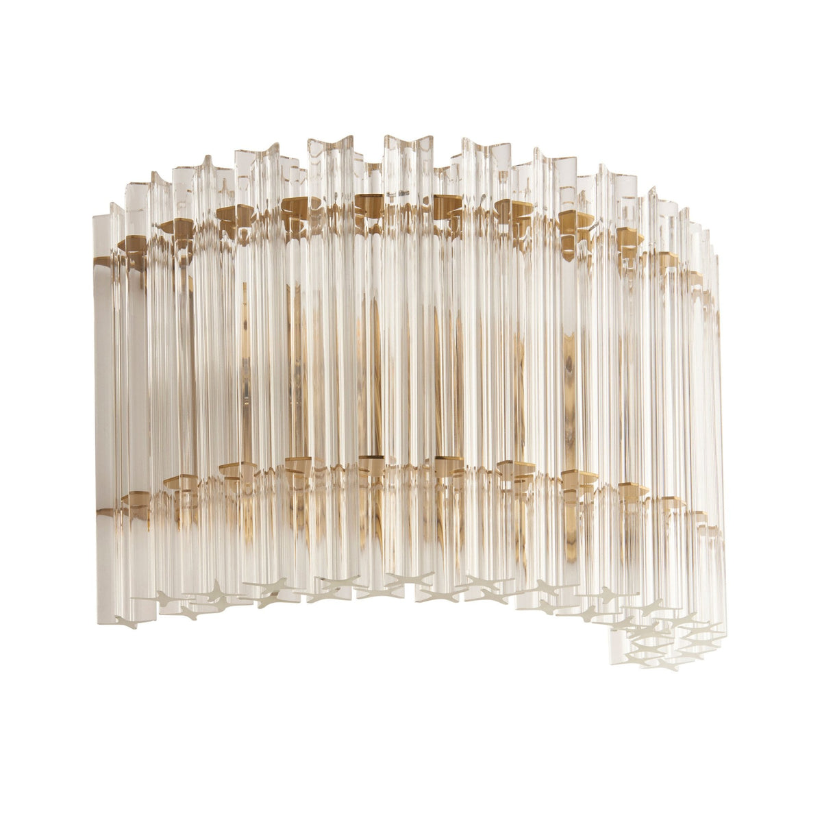 A curved wall light on a white background, featuring clear fluted glass tubes and a golden finish.