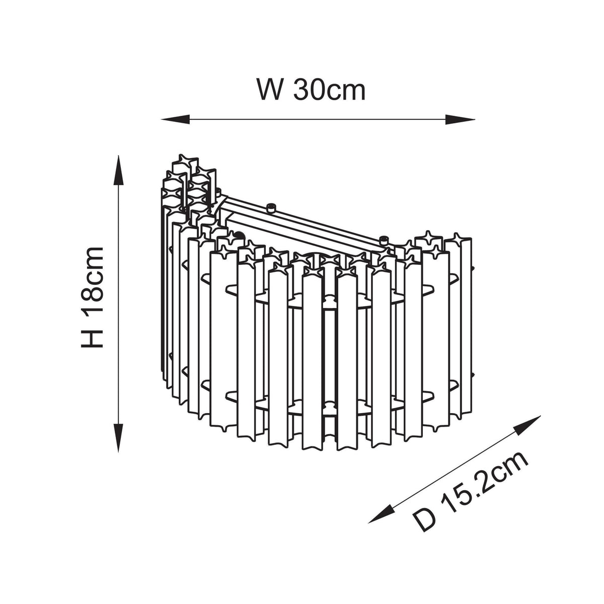A line drawing of the wall sconce with dimensions: H 18cm, W 30cm, D 15.2cm.