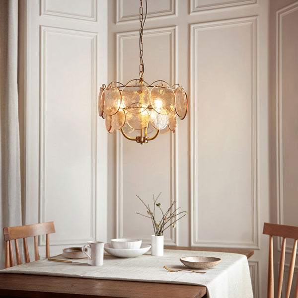 Fiskerton 3 Light Pendant in Brushed Aged Brass & Handmade Champagne Textured Glass Discs