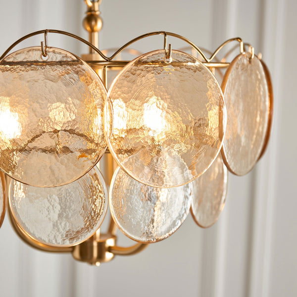 Fiskerton 3 Light Pendant in Brushed Aged Brass & Handmade Champagne Textured Glass Discs