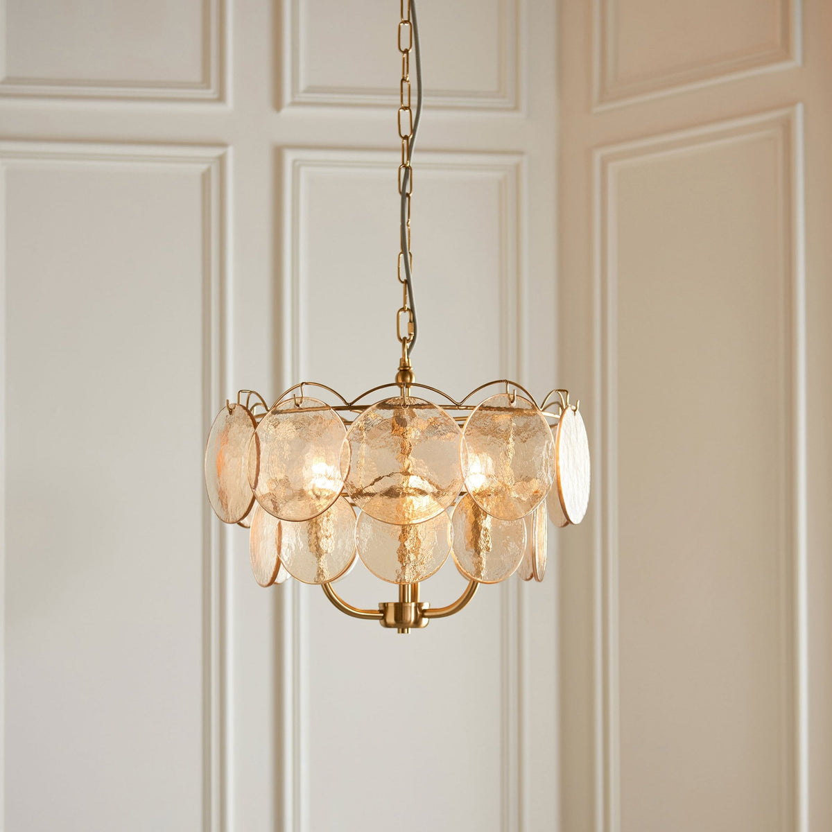 Fiskerton 3 Light Pendant in Brushed Aged Brass & Handmade Champagne Textured Glass Discs
