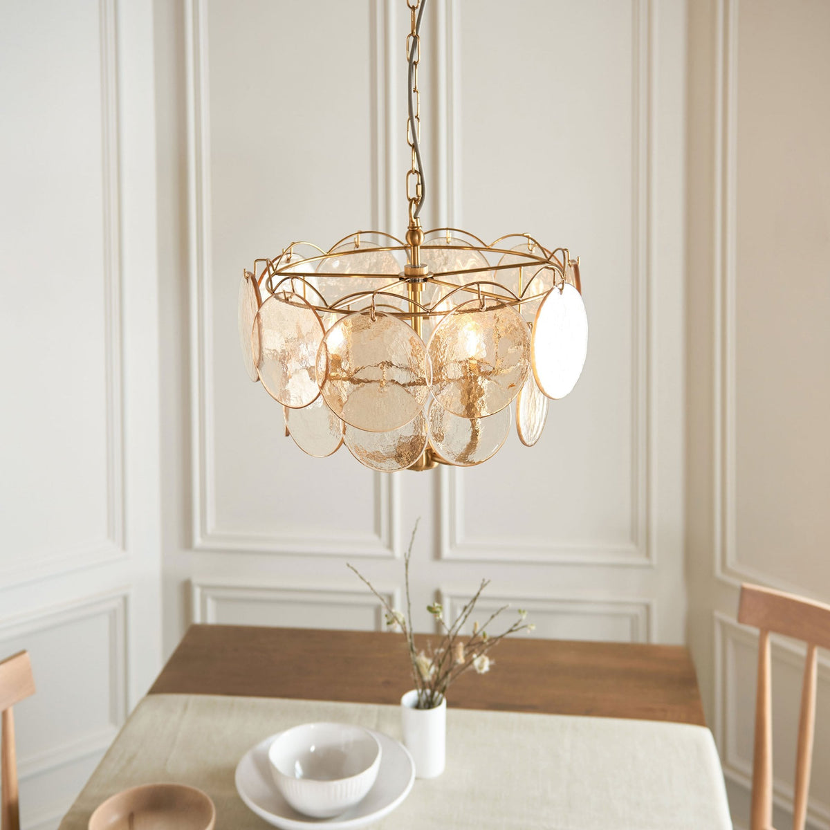 Fiskerton 3 Light Pendant in Brushed Aged Brass & Handmade Champagne Textured Glass Discs