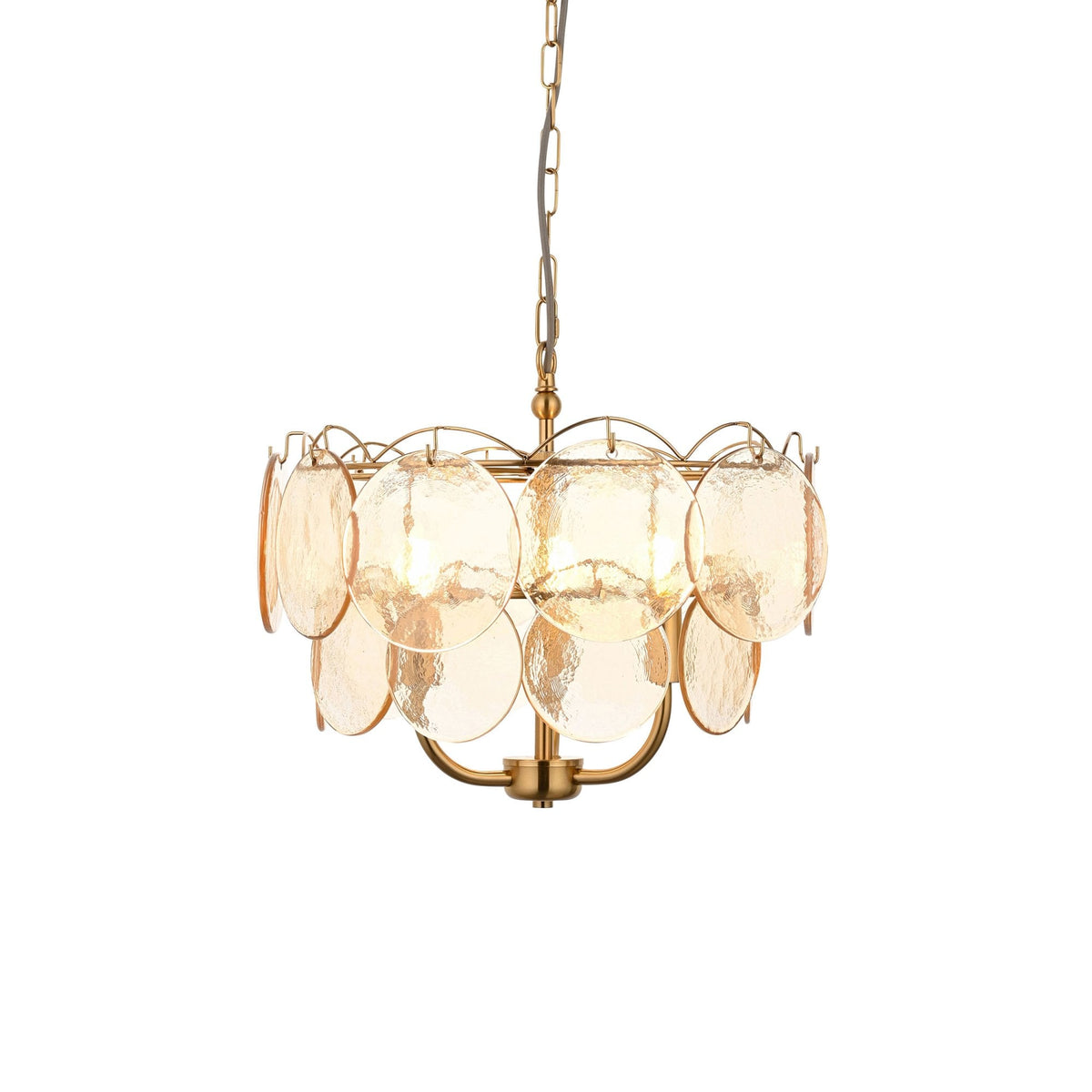 Fiskerton 3 Light Pendant in Brushed Aged Brass & Handmade Champagne Textured Glass Discs