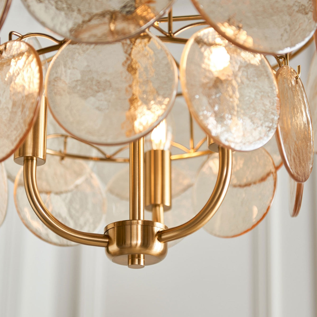 Fiskerton 3 Light Pendant in Brushed Aged Brass & Handmade Champagne Textured Glass Discs