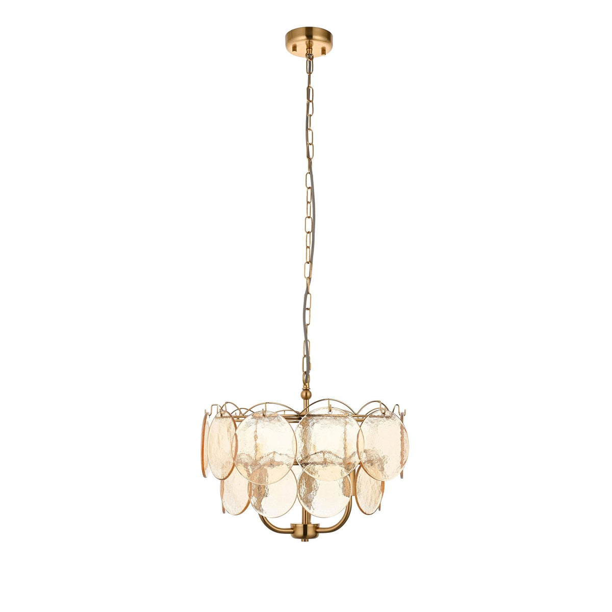 Fiskerton 3 Light Pendant in Brushed Aged Brass & Handmade Champagne Textured Glass Discs