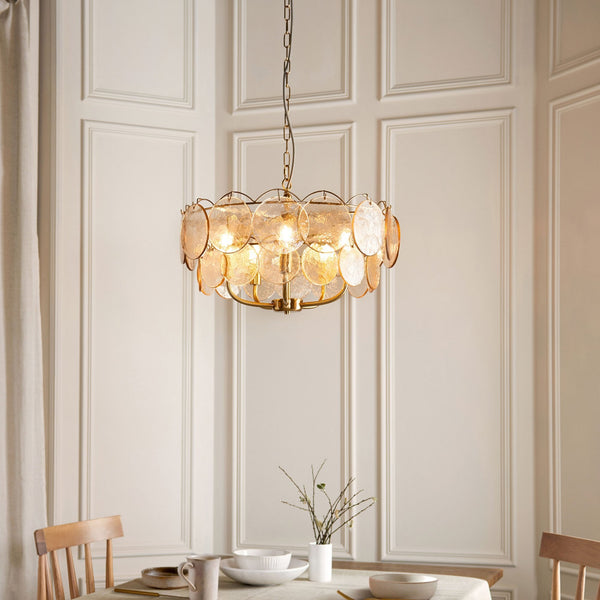 Fiskerton 5 Light Pendant in Brushed Aged Brass & Handmade Champagne Textured Glass Discs