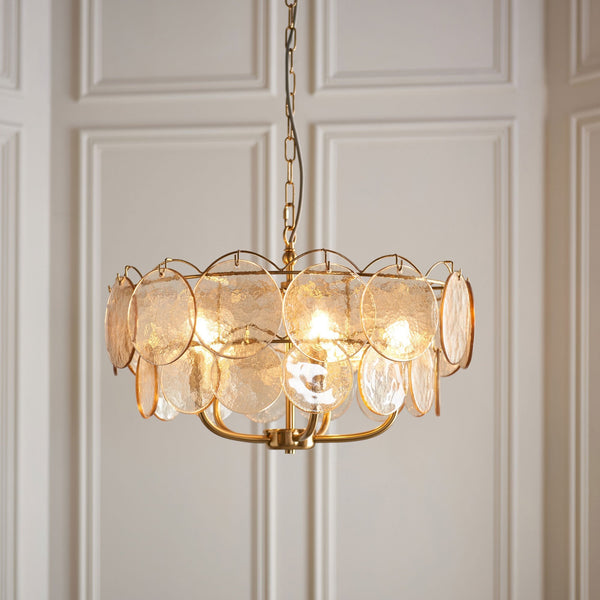 Fiskerton 5 Light Pendant in Brushed Aged Brass & Handmade Champagne Textured Glass Discs