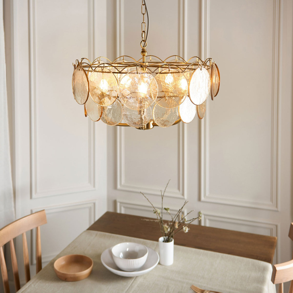 Fiskerton 5 Light Pendant in Brushed Aged Brass & Handmade Champagne Textured Glass Discs