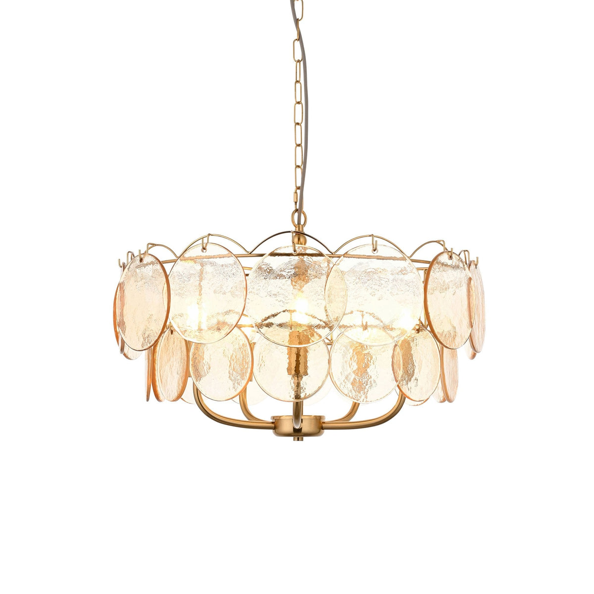 Fiskerton 5 Light Pendant in Brushed Aged Brass & Handmade Champagne Textured Glass Discs