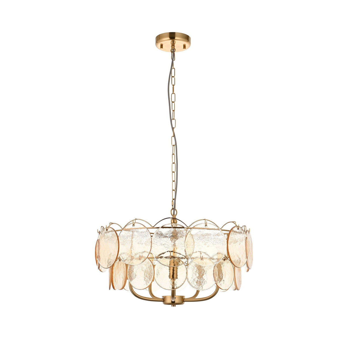 Fiskerton 5 Light Pendant in Brushed Aged Brass & Handmade Champagne Textured Glass Discs