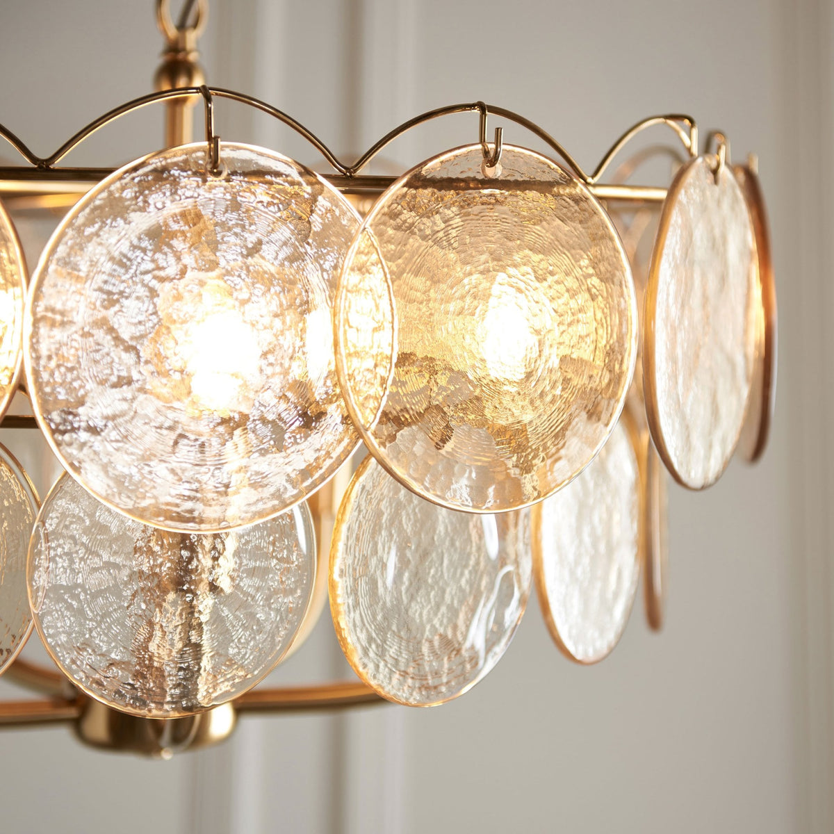 Fiskerton 5 Light Pendant in Brushed Aged Brass & Handmade Champagne Textured Glass Discs