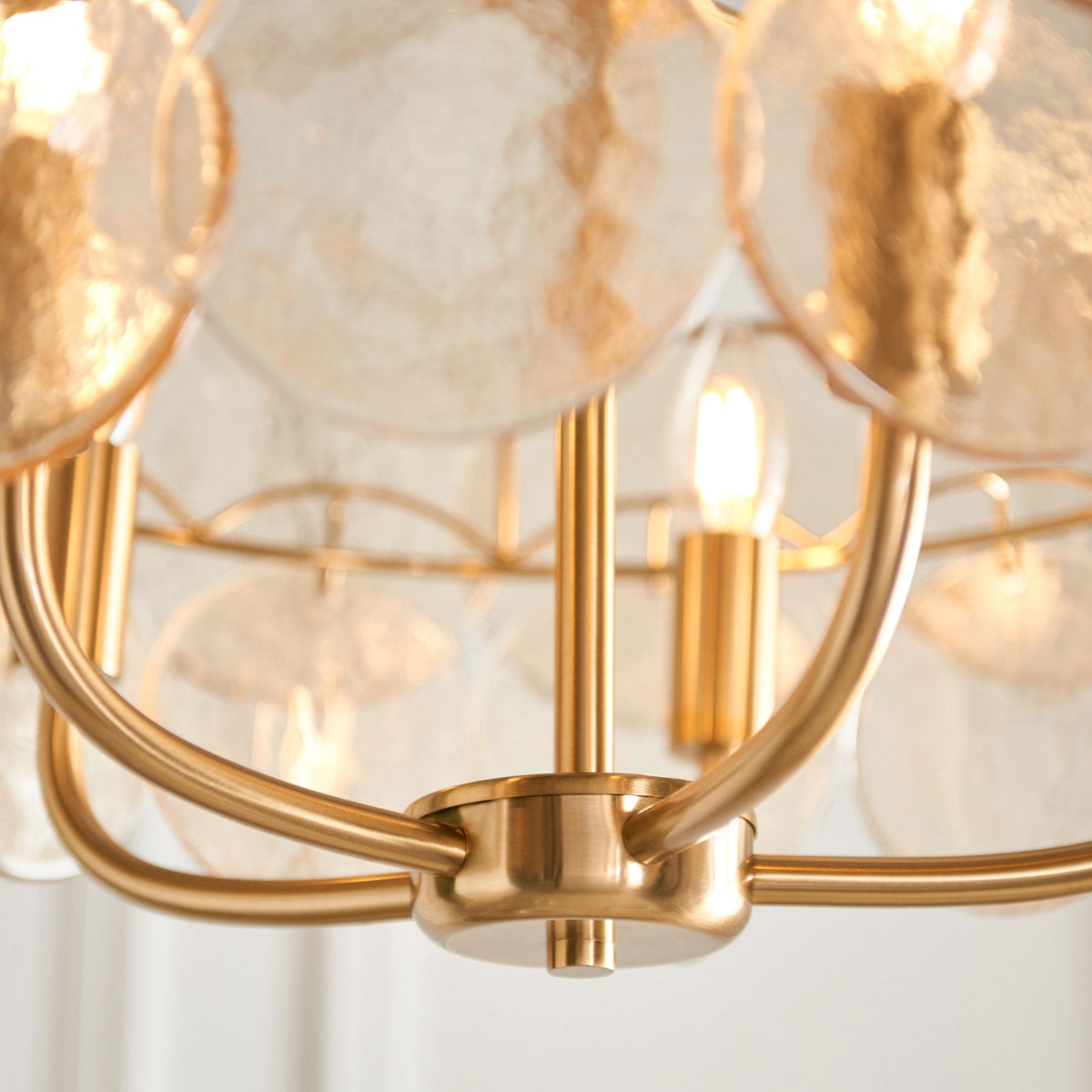 Fiskerton 5 Light Pendant in Brushed Aged Brass & Handmade Champagne Textured Glass Discs
