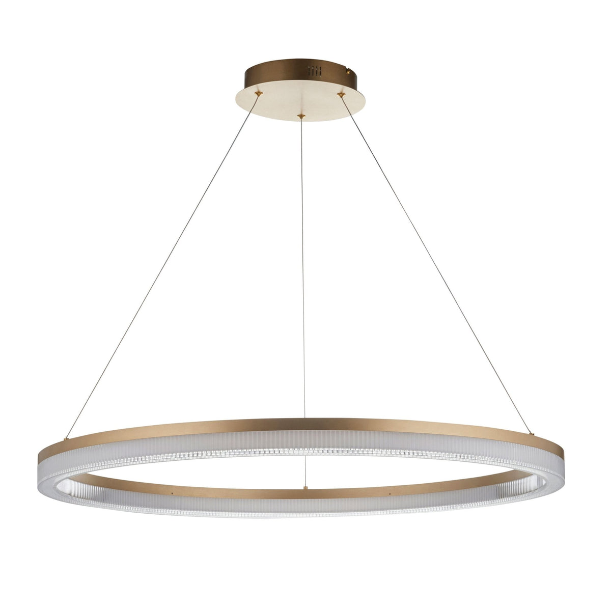 A gold ring-shaped chandelier with an illuminated inner edge and ribbed glass detail, suspended by wires.