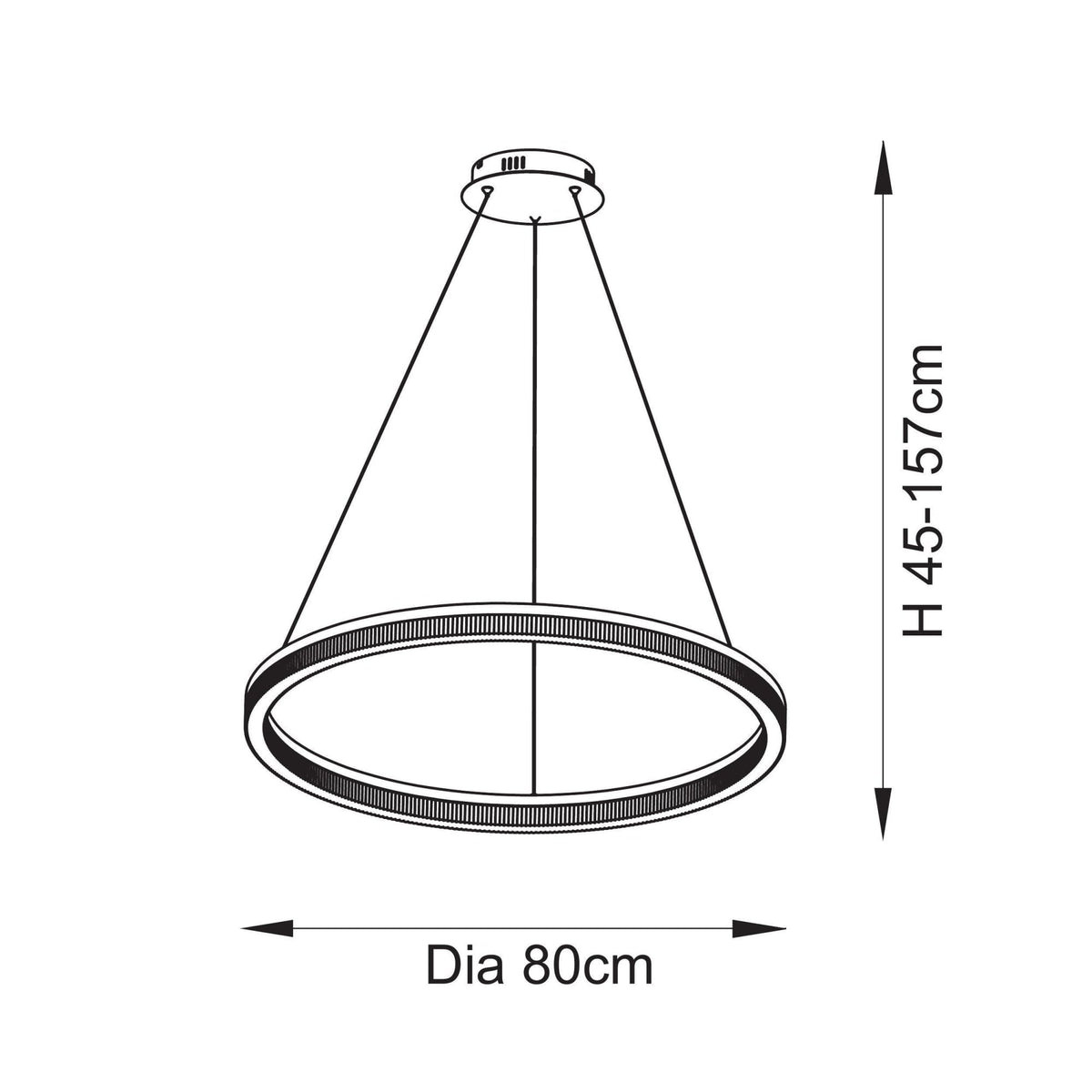 A line drawing of the ring chandelier with dimensions: 80cm diameter and adjustable height from 45-157cm.
