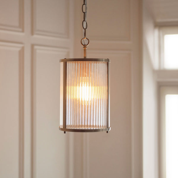 Ridgeton Slim Pendant Light in Antique Brass & Clear Ribbed Glass
