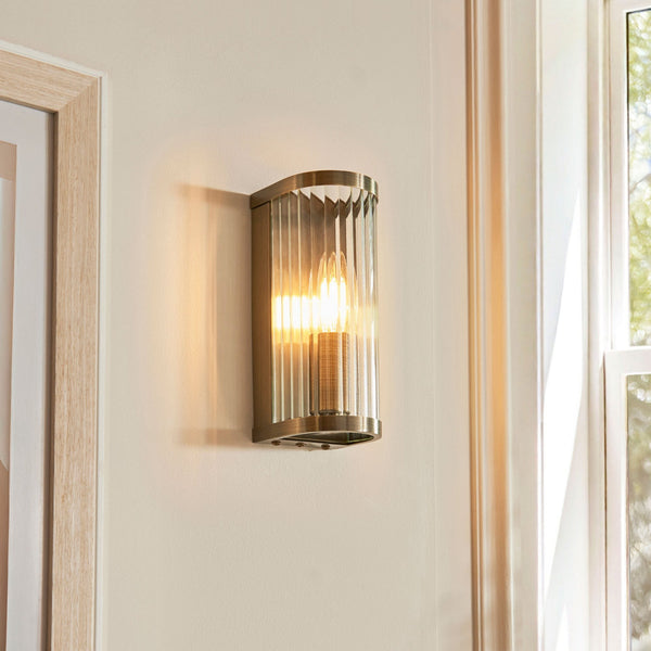 Ridgeton Single Lamp Wall Light in Antique Brass & Clear Ribbed Glass