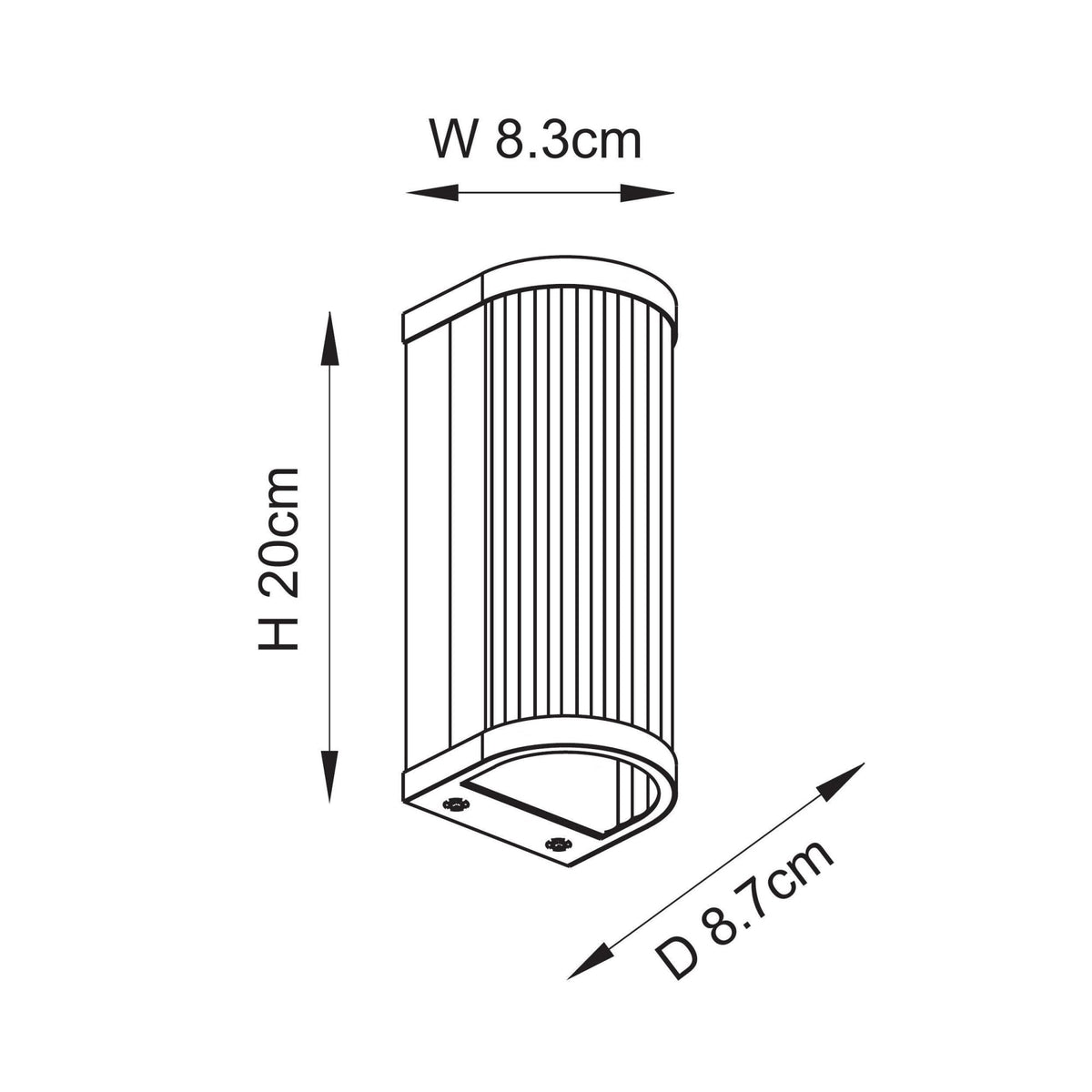 A diagram illustrating the dimensions of the wall-mounted light, including height, width, and depth measurements.