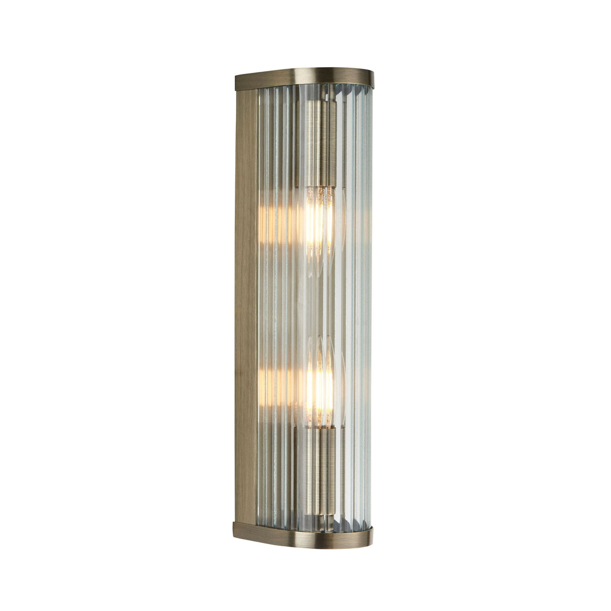 Ridgeton Twin Lamp Wall Light in Antique Brass & Clear Ribbed Glass